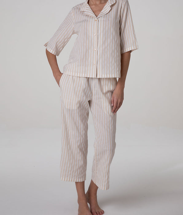 Lovable Open Pajamas with 3/4 Sleeves and 7/8 Pants in Cotton Canvas, white and cream stripes