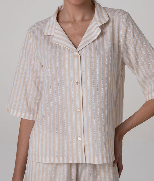 Lovable Open Pajamas with 3/4 Sleeves and 7/8 Pants in Cotton Canvas, white and cream stripes