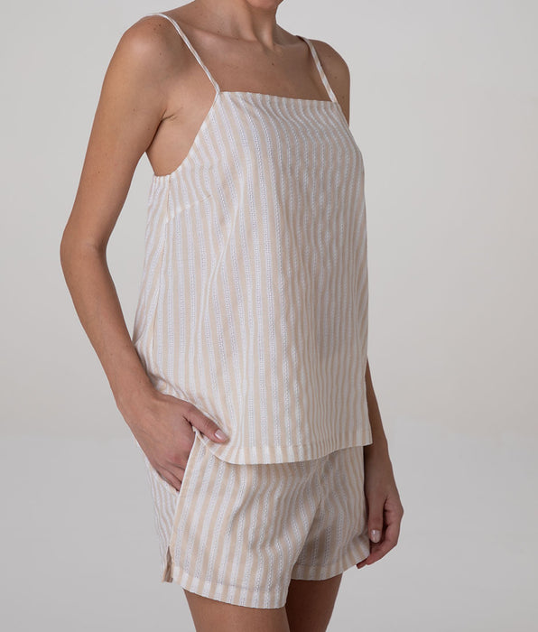 Lovable Pajama Set with Top and Shorts in Cotton Canvas, white and cream stripes