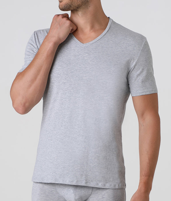 Lovable Gray melange stretch cotton T-shirt with deep V-neck