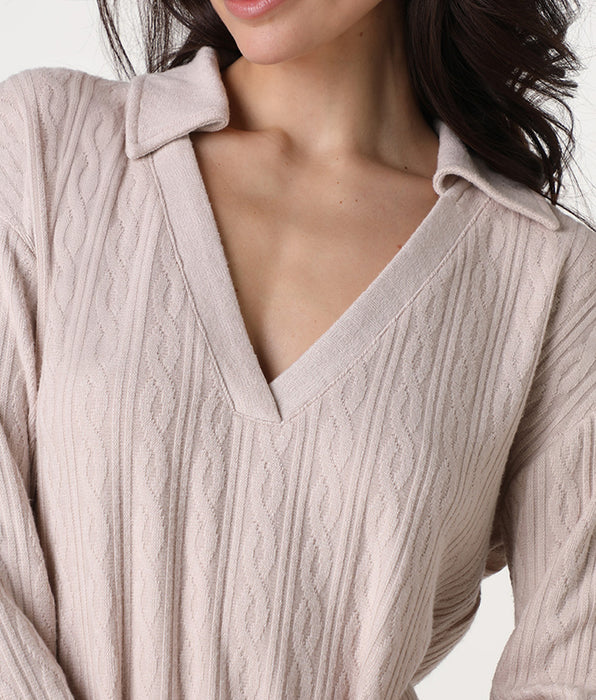 Lovable Long V-neck knit pajamas, cream pink