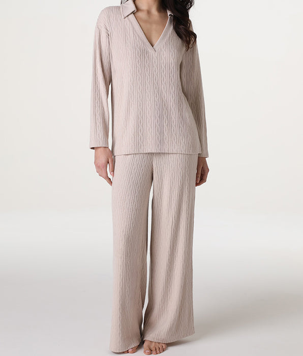 Lovable Long V-neck knit pajamas, cream pink