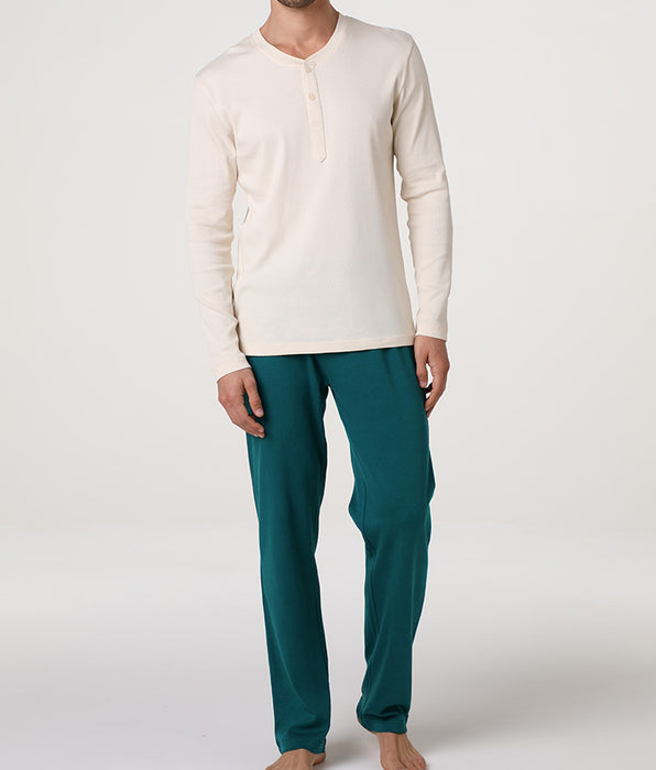 Lovable Serafino Long Sleeve Pajamas in Jersey Rib and Interlock, Ivory