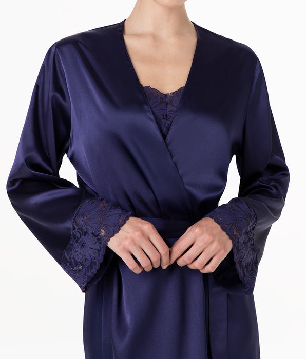 Lovable Satin robe with lace, midnight blue