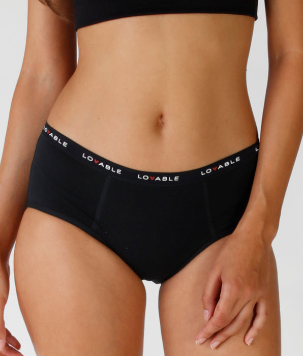 Lovable Washable medium flow French knickers period panties in certified organic cotton, black