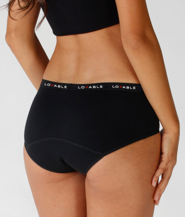 Lovable Washable medium flow French knickers period panties in certified organic cotton, black