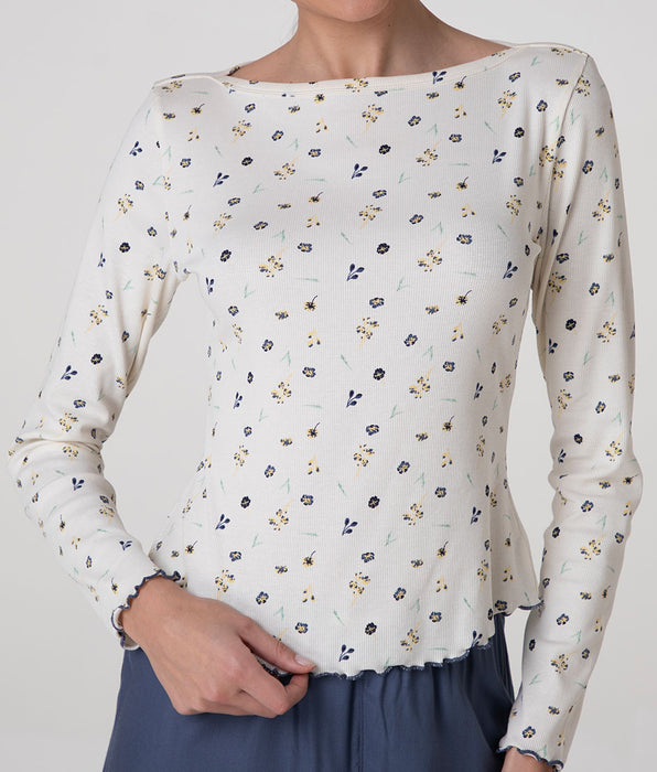 Lovable Printed Ribbed Cotton Boat Neck Long-Sleeve T-Shirt, milk white