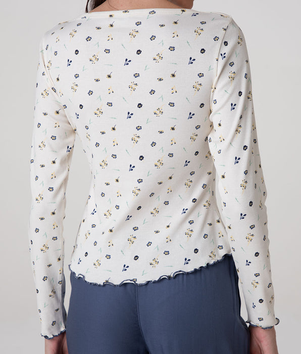 Lovable Printed Ribbed Cotton Boat Neck Long-Sleeve T-Shirt, milk white